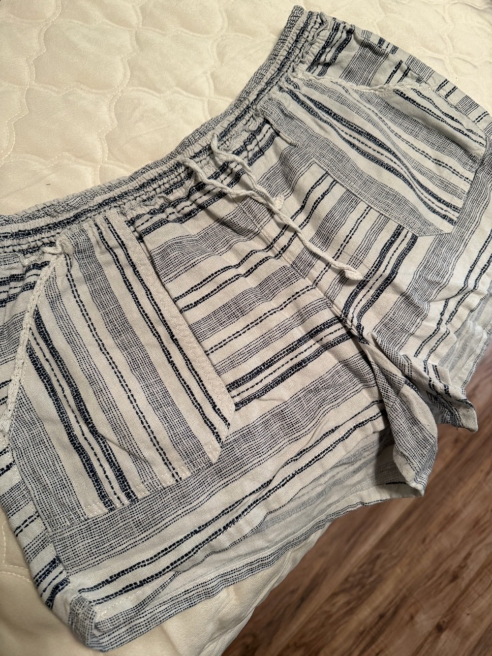 Rewind White and Navy Striped Drawstring Athletic Shorts